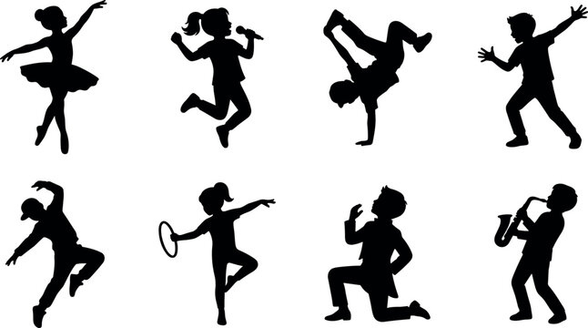 Children performing arts and talents silhouettes set including dancing singing playing instruments and gymnastics