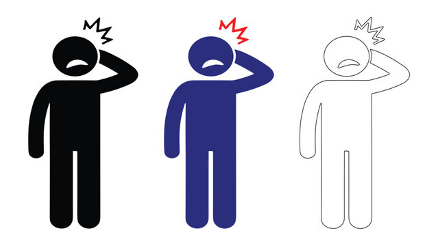 Headache icon set, stickman holding head.