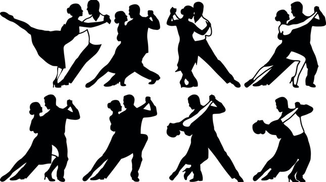Collection of professional dancing couples in different poses for dance studio school or ballroom event promotion.