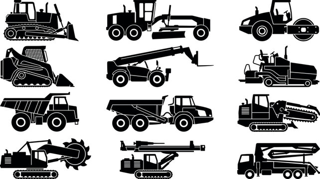 Heavy construction machinery and earthmoving vehicles silhouettes for civil engineering work
