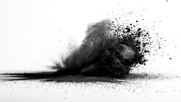 Black powder exploding outwards against a stark white background