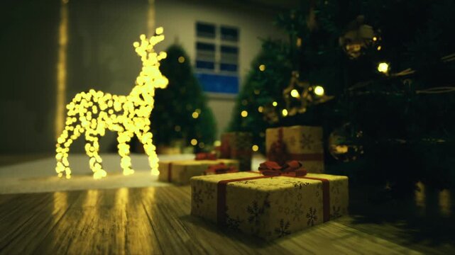 Eco holiday setup with warm reindeer and natural wrapped gifts, upcycled kraft paper, pine greenery, soft yellow lights, mindful seasonal styling