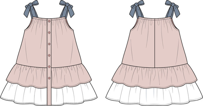 Girls tiered dress fashion flat sketch featuring shoulder tie straps front button placket and gathered ruffle skirt design