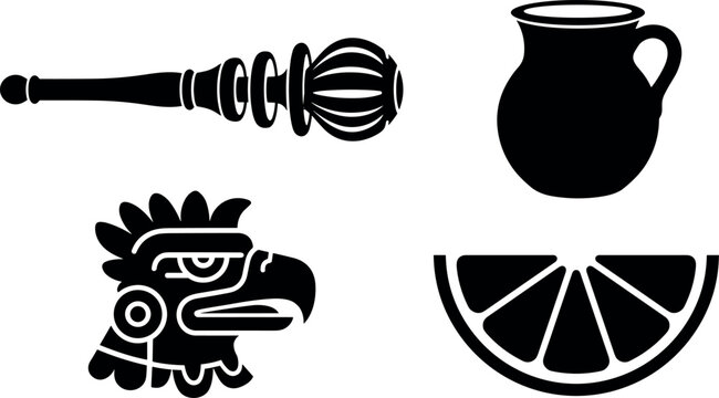 Mexican cultural icon set including molinillo wooden whisk clay pot and aztec eagle head.