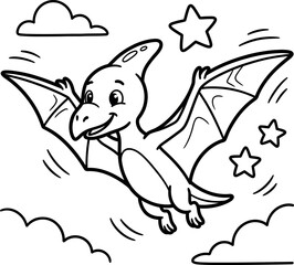 Flying dinosaur coloring page for kids pterodactyl in the sky © MohammadNazrul