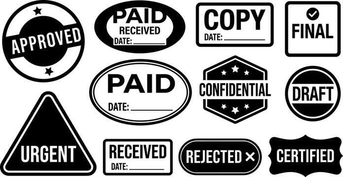 Set of isolated black rubber stamps with different business texts for document management.