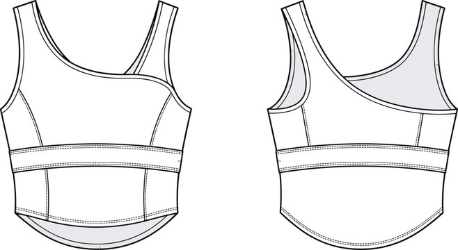 Women asymmetric sports bra fashion flat sketch featuring cropped tank silhouette and banded underbust for athletic activewear