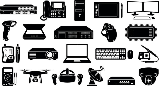 Set of modern computer and network server technology equipment icons in black silhouette style.