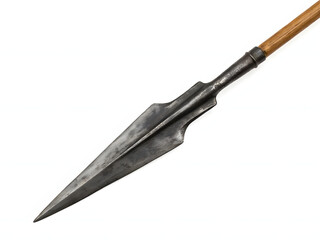 Fototapeta premium Ancient metal spear head with wooden shaft isolated on white background
