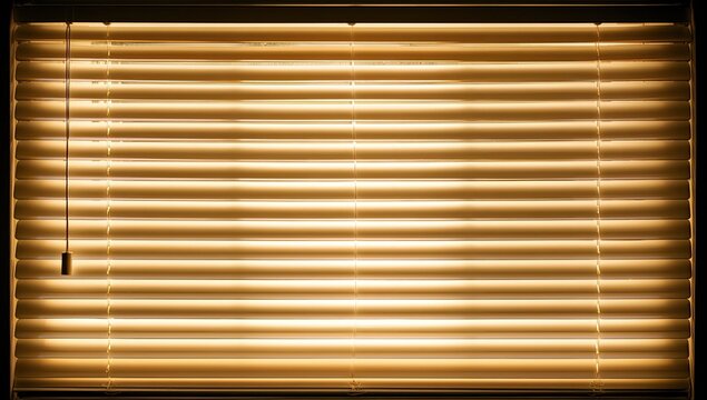 Warm light glows through horizontal blinds, casting soft shadows
