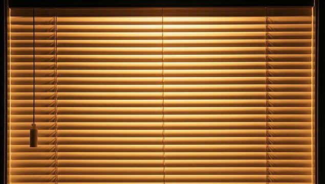 Illuminated horizontal blinds cast warm, ambient light