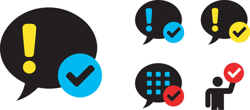 Chat bubble alert and status icon set, vector collection featuring message bubbles with exclamation marks, check symbols, notification alerts, communication statuses, and update indicators ideal 