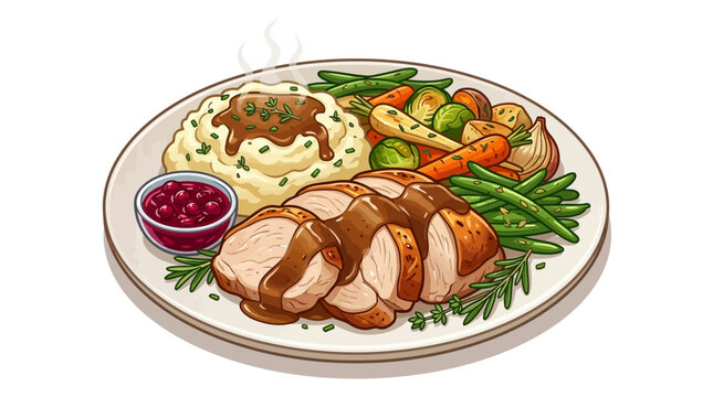 Roasted turkey breast dinner plate with mashed potatoes, gravy, vegetables, and cranberry sauce, vector illustration isolated on white