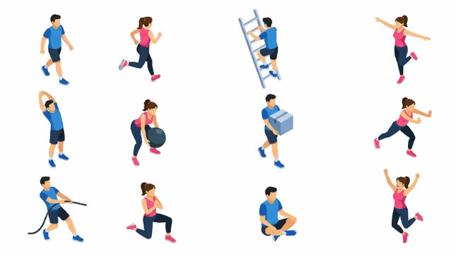 Colorful vector illustrations of people exercising and playing sports.