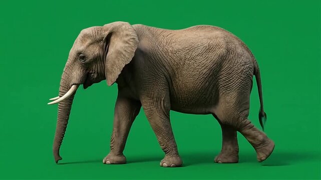 Realistic African Elephant Walking Forward on Green Screen with Slow Steady Gait, Swaying Ears, Swinging Trunk and Flicking Tail, Static Side-View Camera, Seamless Loopable 4K Chroma Key Animation