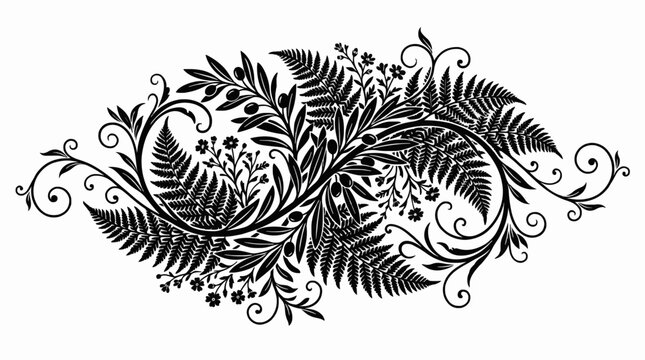 Horizontal black and white botanical vector illustration combining olive branches, fern leaves, and delicate scroll vines for elegant borders.