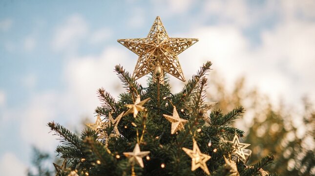 Golden christmas tree star topper festive holiday christmas backround