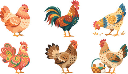 Set of colorful chicken and rooster vector illustrations for farm and organic food design projects © Manik