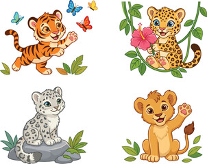 Set of cute cartoon baby big cat characters including tiger cub lion leopard and snow leopard for nursery design © Manik