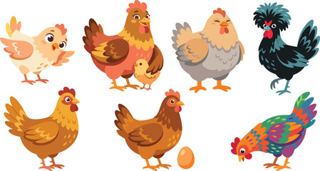 Set of cute cartoon chicken vector illustrations with hens roosters chicks and eggs for farm animal designs © Manik