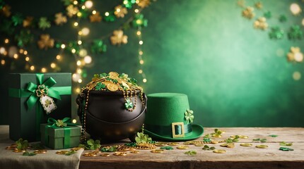 St patrick's day fortune pot of gold gifts and leprechaun hat celebration