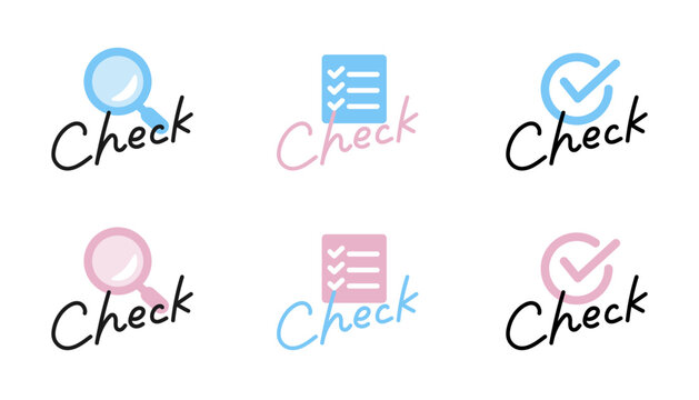手書き筆記体「Check」&times;アイコン組み合わせロゴ風素材セット・虫眼鏡・チェックリスト・チェックマーク&times;ブルー・ピンク6種・SNS・LP・バナー・ブログ見出し用ベクターイラスト素材