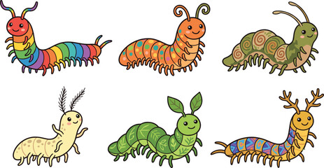 Obraz premium Set of cute colorful caterpillar characters with various patterns and designs for kids education vector illustration
