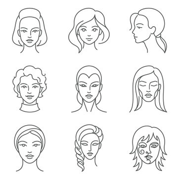 Diverse group of women faces line art.