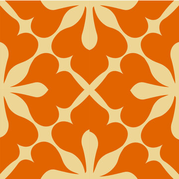 Seamless retro floral geometric pattern with cream flower motifs on a vibrant orange background. Perfect for wallpaper, fabric, wrapping paper, textile prints, home decor, scrapbook projects, and vint