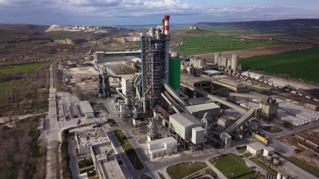 High-resolution aerial footage of a modern cement manufacturing plant surrounded by limestone quarries, industrial infrastructure, railway sidings, and agricultural fields in Bulgaria. Ideal for illus