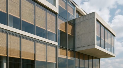 Obraz premium Contemporary architectural design showcasing sleek lines and a harmonious blend of glass and concrete in a modern urban setting, reflecting innovative office building aesthetics under a clear sky