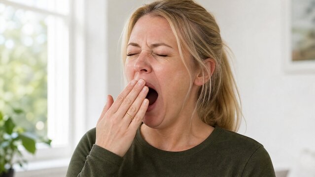 Tired Blonde Woman Yawning at Home or Office - Fatigue and Sleep Deprivation Concept