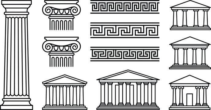 Collection of greek architectural columns, meander borders, and temples architecture ionic doric