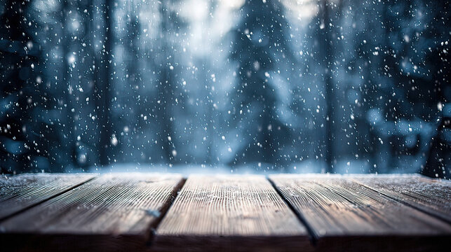 unanimity. Winter wooden surface with gentle snowfall, cold seasonal atmosphere. travel magazines, destination branding, designed for outdoor magazines and nature guides, inspires travel planning.
