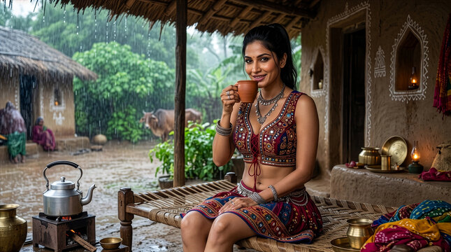 Indian Village Woman Enjoying Hot Kulhad Chai on a Traditional Charpai During a Peaceful Monsoon Morning in Rural India