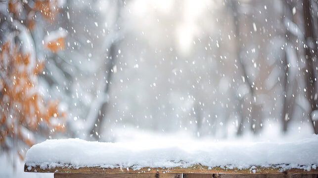 unanimity. Winter wooden surface with gentle snowfall, cold seasonal atmosphere. travel magazines, destination branding, designed for outdoor magazines and nature guides, inspires travel planning.
