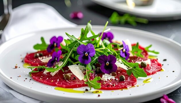 Rindercarpaccio mit Veilchenbl&uuml;ten