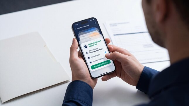 Man holding smartphone showing reimbursement approval notification on white desk with desk documents background