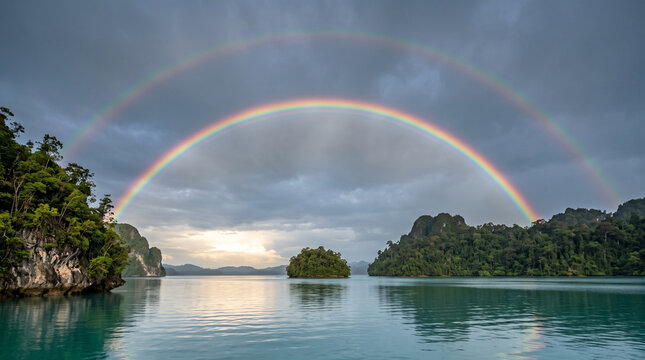 Stunning double rainbow over cheow lan lake in khao sok national park, thailand, featuring lush green limestone karst mountains and calm turquoise water