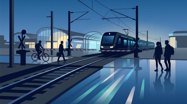 Modern electric train at station during twilight, commuters at railway crossing in evening blue hour, urban public transportation and transit concept