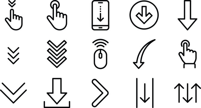 Scroll Down and Navigation Arrow Icon Set with Hand Swipe Gestures, Mobile Indicators, and Mouse Symbols for Digital UI Web Designs and Responsive Interface Vectors