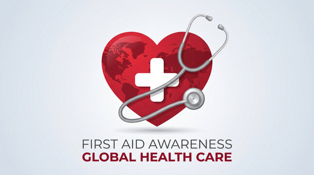 Heart shape with world map and stethoscope, medical concept, first aid awareness and global health care, vector illustration isolated on white background
