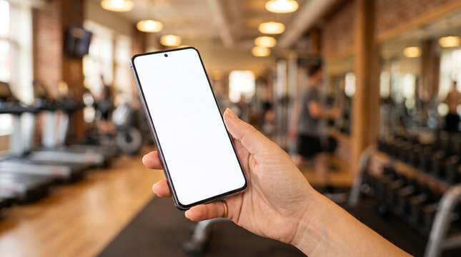 Closeup of a hand holding a smartphone with a blank white screen in a gym setting