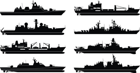 Set of various military warship silhouettes including destroyers frigates and naval supply vessels for defense and maritime design © Asib