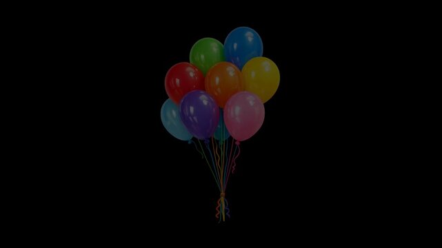High-quality animation of colorful helium balloons floating against a black background. Ideal for birthday celebrations, party invitations, festive promotions, children's events, and celebration-theme