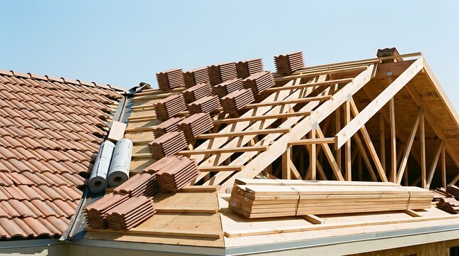 A detailed view of a residential roof undergoing construction and renovation, showcasing the new wooden framework, stacks of roofing tiles, and the transition from old to new materials