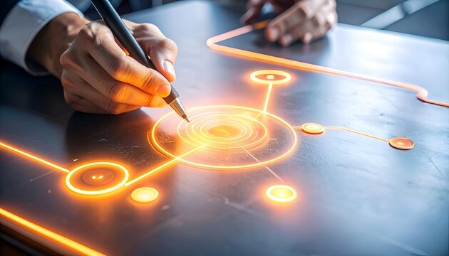 Designer creating a digital process flow with illuminated connection points, illustrating workflow optimization, strategy, and technology integration.