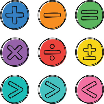 Bright Flat Design Mathematical Operation Symbols Vector Illustration Set operations addition subtraction multiplication division equal greater less lines clean geometric