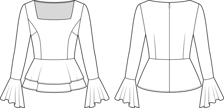 Technical fashion sketch of a women's square neck peplum top with layered hem and flared bell sleeves design