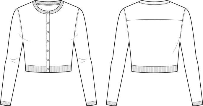 Technical fashion sketch of a women's cropped cardigan with long sleeves, button placket, and ribbed hem design